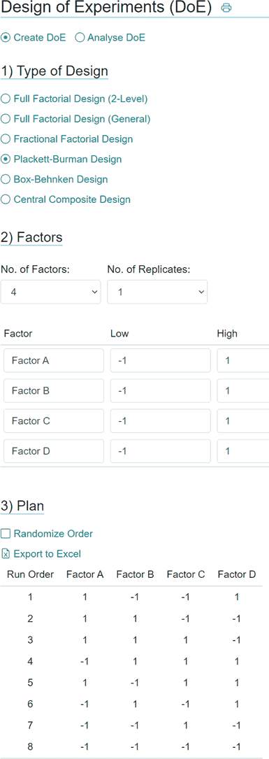 Plackett-Burman Design Calculator